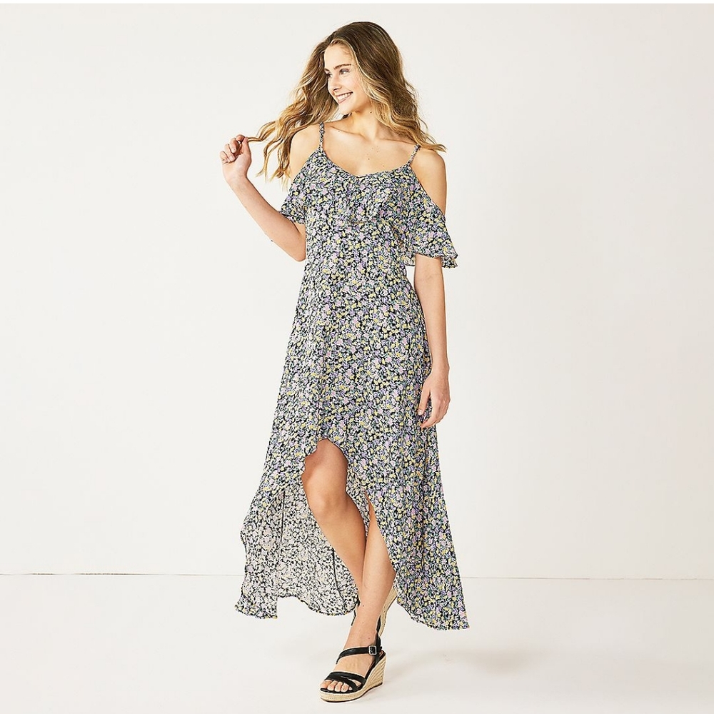 Rewind Ruffled Off The Shoulder High-Low Maxi Dress